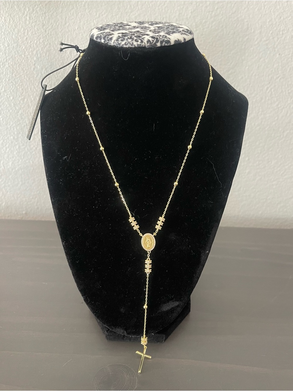 Gold Rosary Cross Pendant Necklace - Gold
